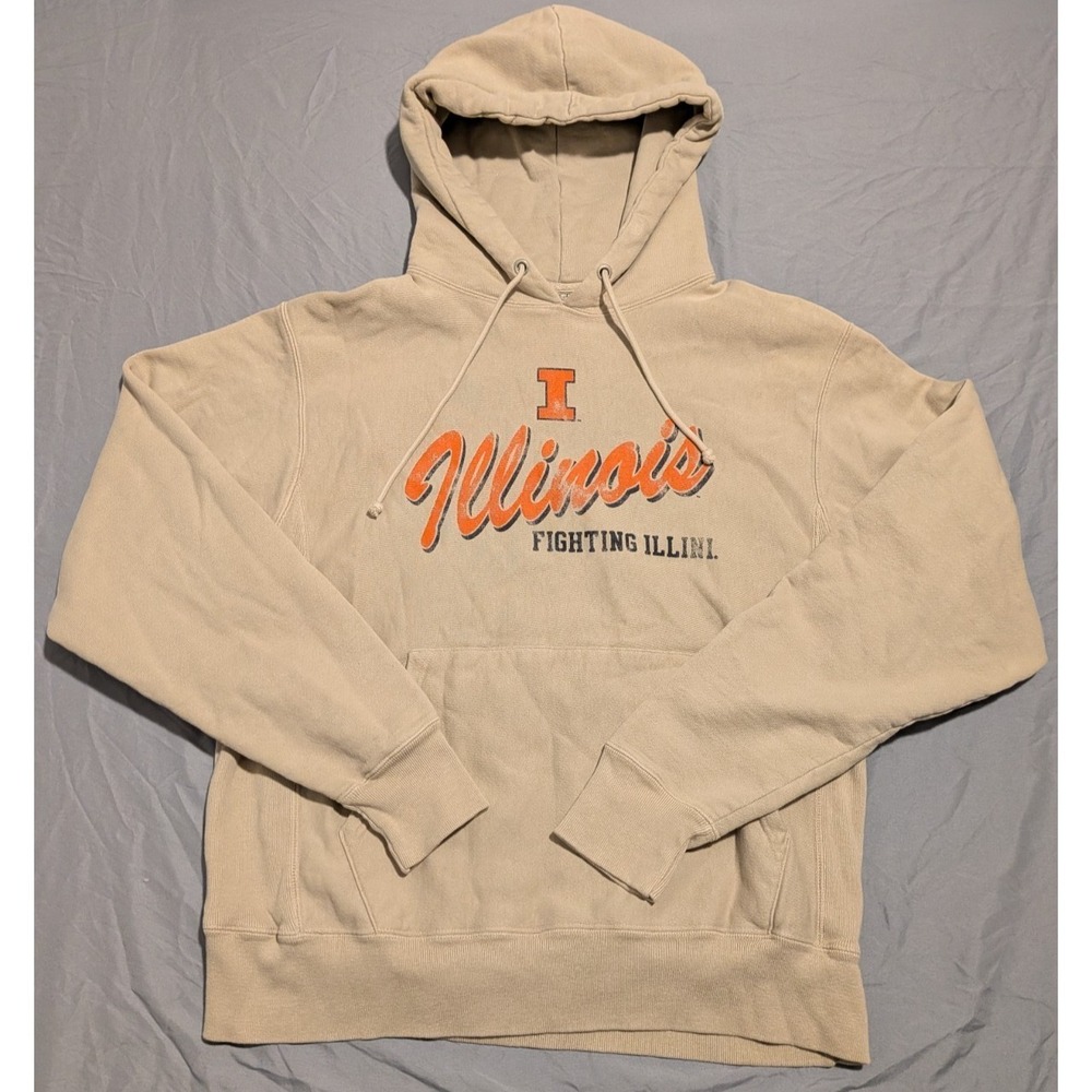 Vintage 1990s University Of Illinois Champion Reverse Weave Hoodie Mens Med Tan